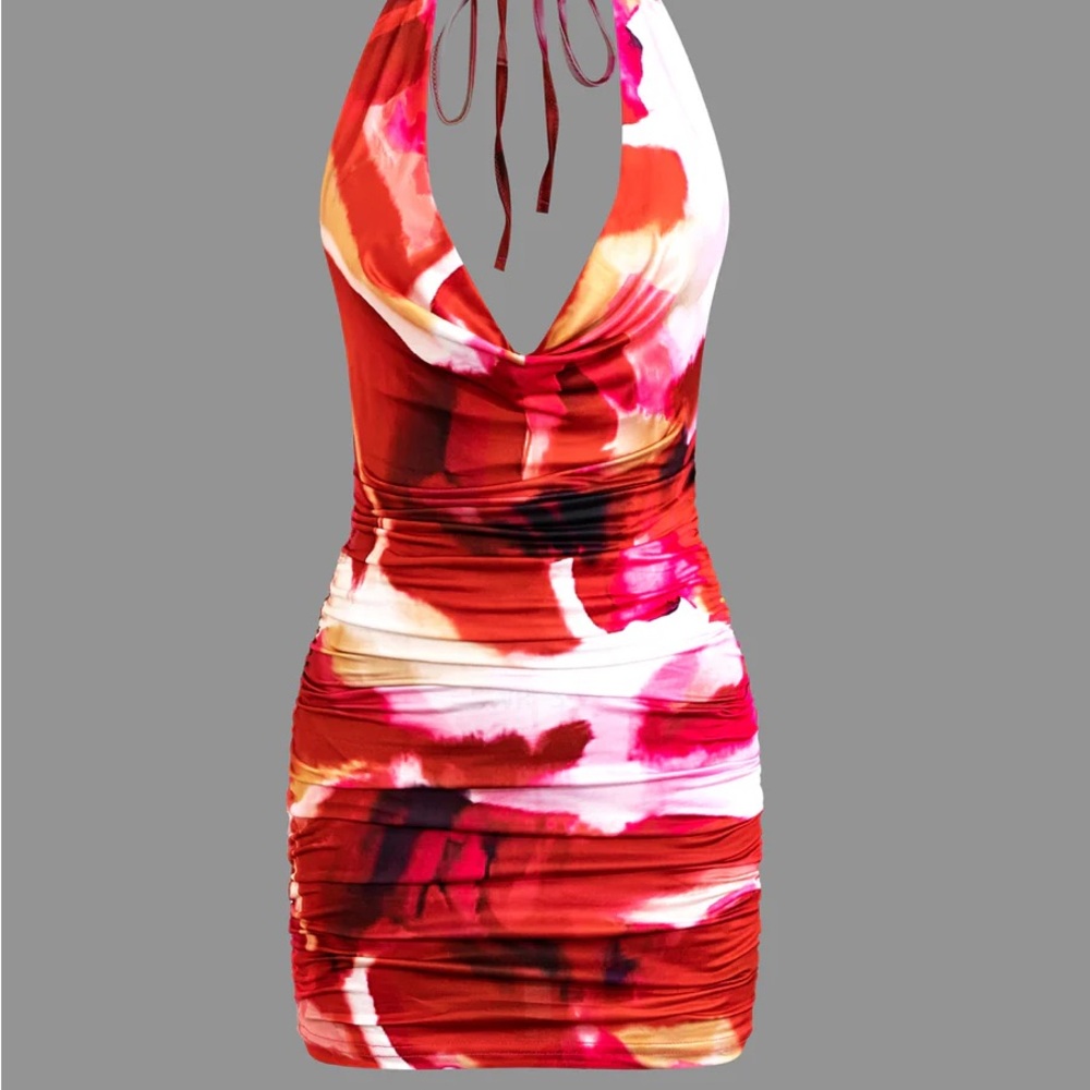 Sexy Tie Dye Halter Cowl Neck Backless Mini Dress